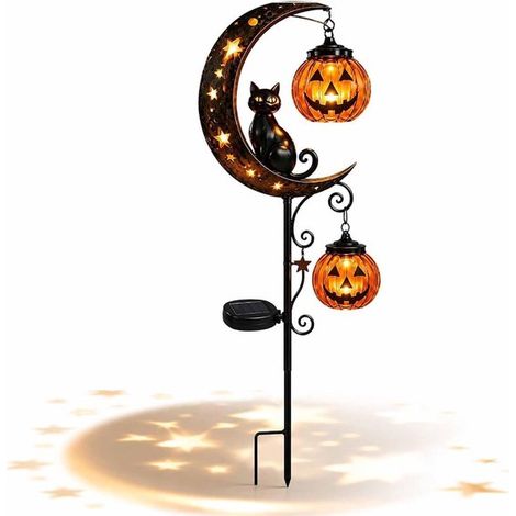 Éclairage extérieur LED Halloween - Éclairage de jardin - Éclairage solaire - Décoration Halloween - Lumières d'Halloween - Éléments lune, chat et citrouille - Pour allées, jardins, terrasses, balcons