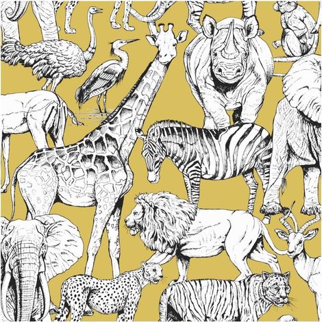Jungle Animals Wallpaper Yellow Jaune Safari Print Paste The Wall Kids Room (1/4)