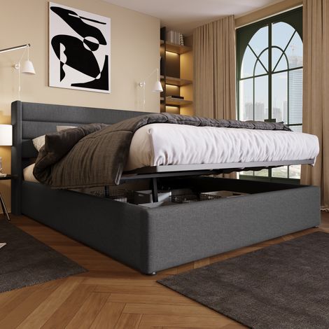 Lit coffre double 180 x 200 cm en tissu gris avec tête de lit rembourrée et grand rangement (1/5)