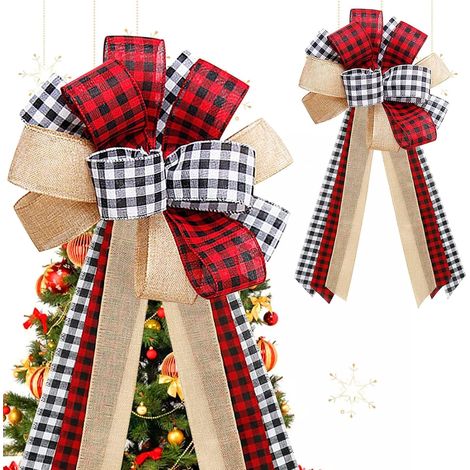 Nœud décoratif rustique en toile de jute rouge, noire et blanche à carreaux Buffalo pour sapin de Noël, décoration festive pour couronne, porte et maison de campagne. (1/5)