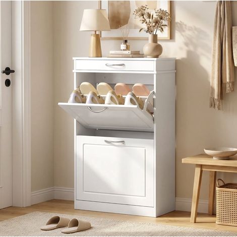 Weiße Schuhkommode mit 2 Klappen, Schublade und verstellbaren Trennwänden OKMYHOME (1/5)