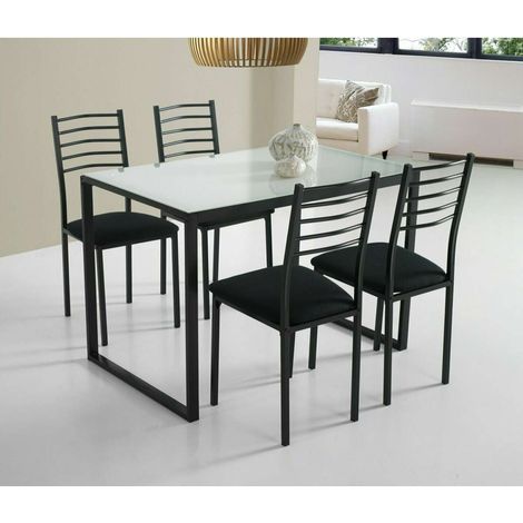 Conjunto cocina mesa y 4 sillas Noa estructura negra y cristal blanco.