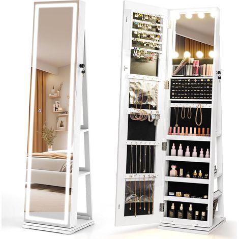 COSTWAY Specchio Portagioie Girevole a 360°, Armadietto per Gioielli con 8 Luci LED, Specchio a Figura Intera e Scaffali Posteriori, Portagioie da Terra per Camera da Letto (Bianco) (1/5)