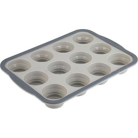 Moule à muffins en silicone avec cadre en acier renforcé, plateau à cupcakes de taille standard, antiadhésif et à libération rapide, sans BPA, passe au four jusqu'à 232,2 °C, gris/beige,Parent,- (1/5)