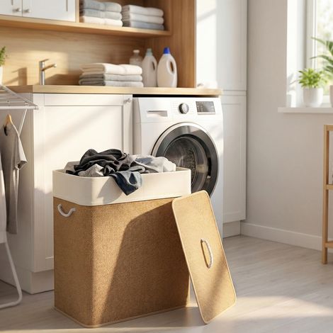 Panier à linge double avec couvercle, panier à linge en bambou 100 L avec poignées en corde (1/5)