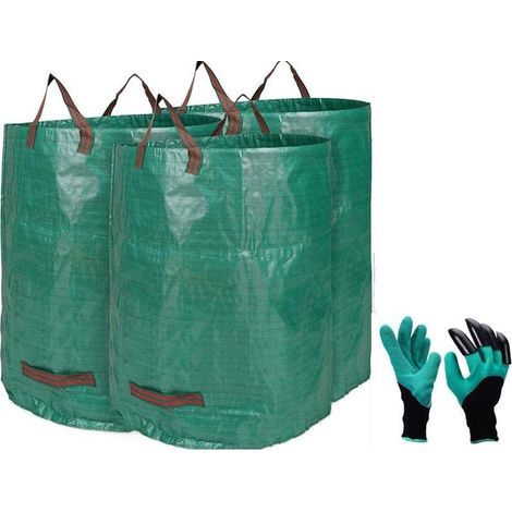 3 x 272L Sac de Jardin Sac de Déchets de Jardin en PP Solide - Autoportante et Pliable - Sacs Poubelle pour Les Déchets de Jardin Feuillage de Pelouse Vert Coupe -Réutilisable (1/5)