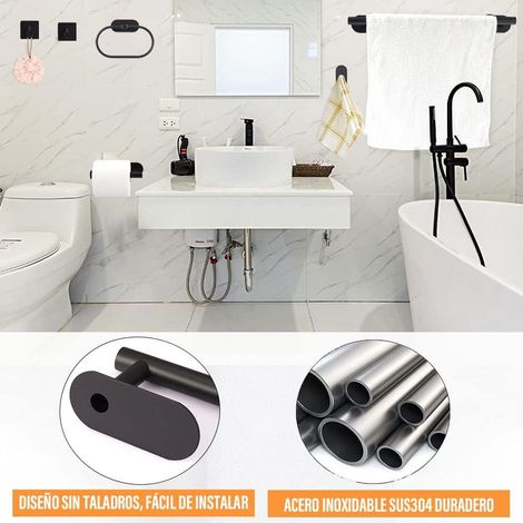 Ensemble d'accessoires de salle de bain - 6 pièces, comprenant un porte-serviettes, un porte-papier toilette et 3 crochets pour peignoir. (1/5)