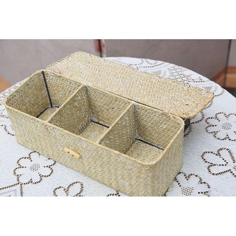 couleur Kaki Blanc Panier Rangement Jonc De Mer Avec Couvercle Rectangulaires Malle En Osier Avec Compartiment Pour Organiser Des Jouets De Collat (1/5)