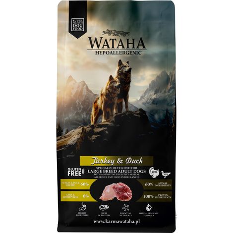 Aliment sec hypoallergénique Wataha pour dindes adultes de race géante, au canard et au riz, 12 kg