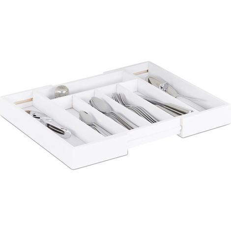 Relaxdays Cubertero Extensible, Bambú, Organizador Cubiertos, Largo Variable, 5 a 7 Espacios, 5,5 x 48,5 x 37 cm, Blanco