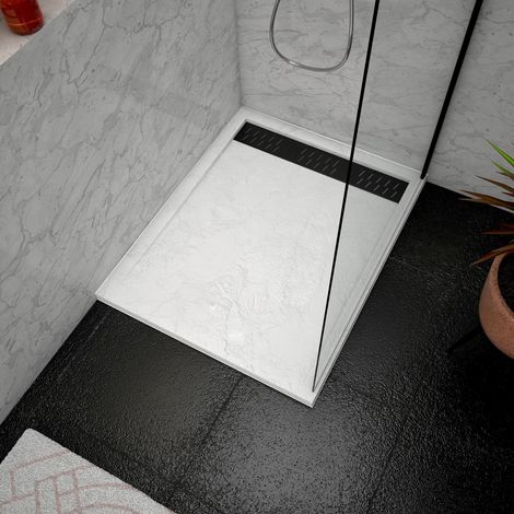 Plato Ducha Acrílico Blanco Efecto Piedra 80x100x4+Rejillas Cromada+Negra