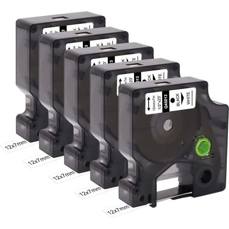 Paquete de 5 cintas de etiquetas de repuesto compatibles con Dymo D1 45013 S0720530 (12 mm x 7 m) - Cinta negra sobre soporte blanco para usar con Dymo Label Manager 160 200 210D 280 360D 420P 450D (1/5)