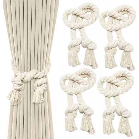 (4 Stück 80 x 1,5 cm) Beige Gardinenhalter, Gardinenclips aus Baumwollseil, Gardinenschlaufe aus Seil, gewebte Gardinenhalter (1/5)
