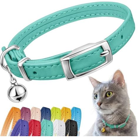 CollarDirect Cat Collar Safety Leather Cat Collar with Elastic Strap, Kitten Bell - Black, Blue, Red, Orange, Lime Green (Mint, 20-28cm) (1/5)
