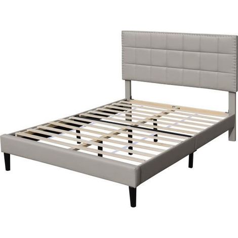 Lit 140x200 - Sommier + Tête de Lit Capitonnée BLANC - Pieds 16 cm - 13 Lattes - Revêtement PVC Simili - Montage Rapide - Confort Optimal - Design Élégant - LIT RILEY GRIS (1/3)