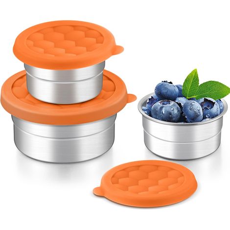 Lebensmittelbehälter aus Edelstahl mit Silikondeckeln, auslaufsichere Snackdosen aus Metall, kleine runde Lunchboxen für Kinder und Erwachsene, stapelbare Dosen... (1/5)
