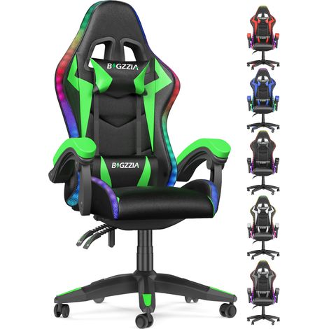 Chaise Gaming - Fauteuil gamer ergonomique inclinable - éclairage LED Effets - Lombaire&Appui-Tête Appui - 155°Dossier inclinable - jusqu'à 136Kg - Pivotement sur 360 degrés - Noir et Verte