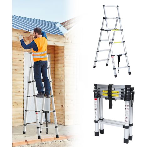 Jiubiaz Escalera telescópica Pro 1,7 m plateada 150 kg, patas antideslizantes