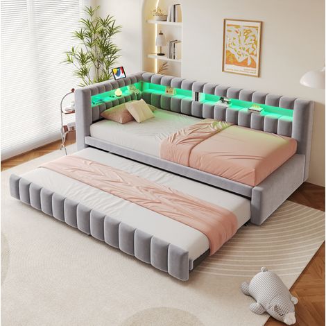 Divano letto estensibile 90 x 200 cm, con LED, porte USB e Type-C, velluto grigio chiaro (1/5)
