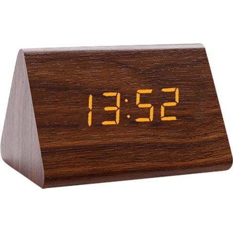 Sveglia digitale, sveglia elettronica da comodino, ampio schermo, controllo vocale, in legno, colore marrone, ideale per camera da letto e ufficio. (1/5)