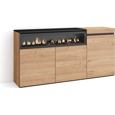 Buffet Salon et Cuisine Meuble de Rangement, Commode 150x75x35cm 3 Portes Cheminée électrique Style Moderne Chêne et Noir (1/5)