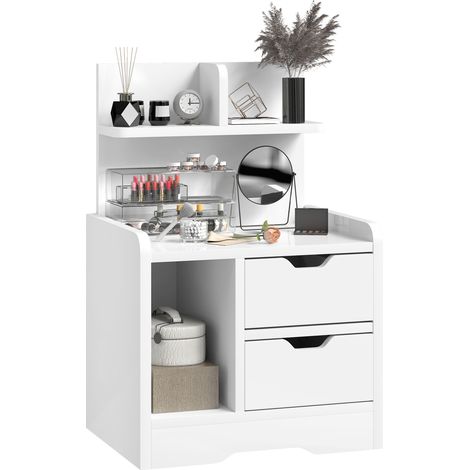 High Gloss White Bedside Table with 2 Drawers and Open Shelves for Modern Bedroom Storage Solutions