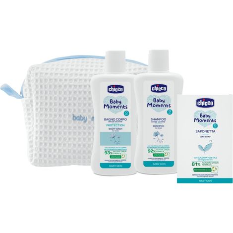 Chicco Baby Moments Bolsa de Belleza con Cremallera Azul - Jabón de Baño 200 ml + Champú 200 ml + Jabón 100 g