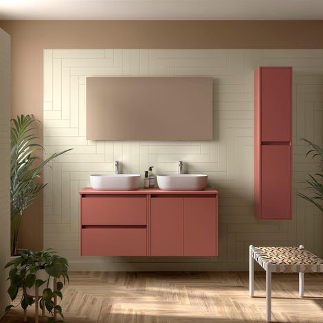 Badezimmermöbel BALTIC 1400 2 Türen und 2 Schubladen RED SATIN + Waschtisch-Platte (1/2)