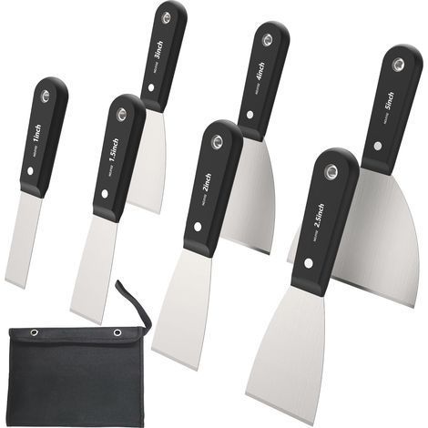 Lot de 7 grattoirs de peinture pour cloison sèche avec sac de rangement, ensemble de couteaux à mastic en acier inoxydable pour réparer, enlever le papier peint, appliquer du mastic, de la boue, du (1/5)