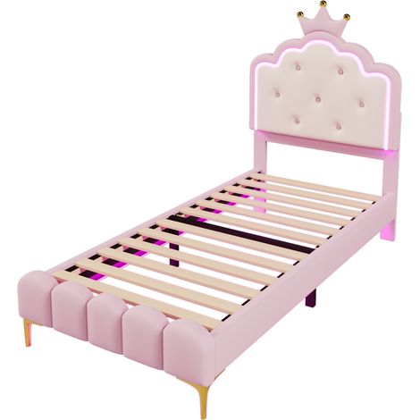 Cama tapizada princesa 90 x 200 cm con somier, LED ambiental, PU rosa (1/5)