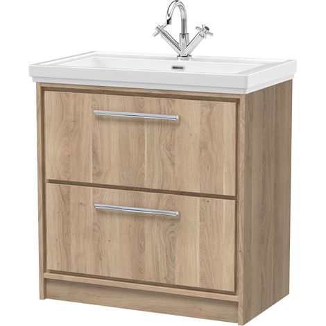 Longnor 2 Drawer Floor Standing Vanity Unit with 1 Tap Hole Traditional Fireclay Basin, Light Oak, 800mm