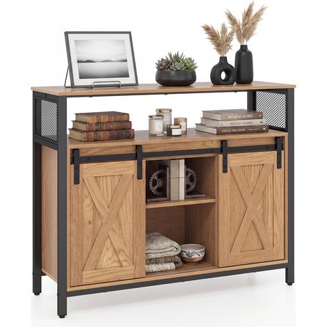 COSTWAY Credenza da Cucina con Ante Scorrevoli, 100 x 33 x 80 cm (Naturale) (1/5)