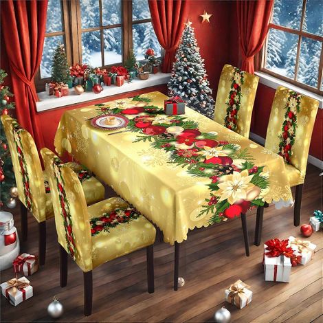 Ensemble de 4 housses de chaises et de tables de Noël (nappe imperméable 140 x 210 cm + 4 chaises) - Tissu antidérapant imprimé (1/3)