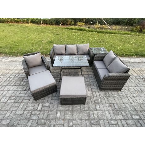 Fimous 7 PCS Garten Sofa im Freien Set Polyrattan Gartenmöbel Set mit Rechteckiger Esstisch Sessel 2 hohen Hockern Beistelltisch Dunkelgrau Gemischt (1/5)