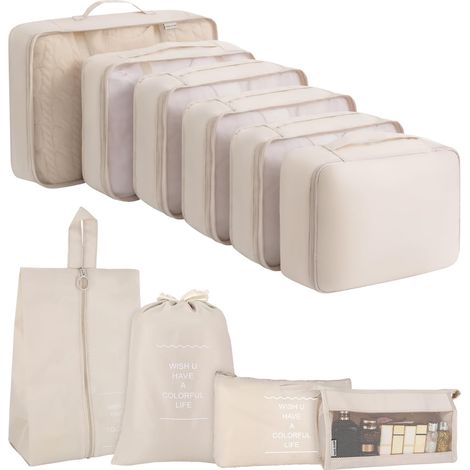 Organisateurs de Bagage pour Voyage,Lot de 10 Organisateur de Voyage  Set de Cubes de Rangement de Différentes Tailles pour Vêtements, Sous-vêtements, Chaussures et Cosmétiques (Beige) (1/5)
