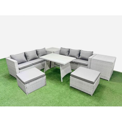Fimous Rattan Garden Furniture Dining Set 8-seater Patio Rectangular Table 3 Seater Sofa Set with 2 Side Tables 2 Big Stools Light Grey (1/4)