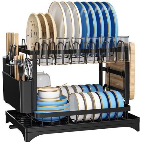 Égouttoir Vaisselle Cuisine à 2 Niveaux avec Porte-Gobelets et Porte-Ustensiles, avec Plateau d'égouttement et Vidange Automatique (1/4)
