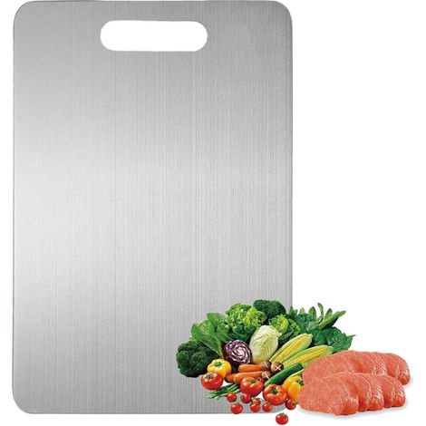 Tabla de cortar de doble cara fabricada en acero inoxidable 304, libre de BPA, apta para cortar carne, pan, verduras y frutas, 34 x 23 cm.
