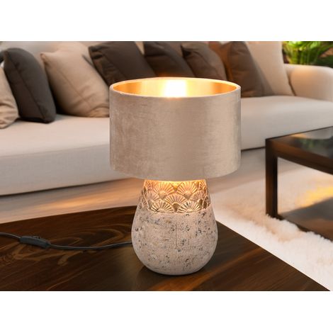 Tischleuchte KIRAN Keramikfuß Grau mit Samtschirm Beige Gold, Höhe 38cm (1/5)