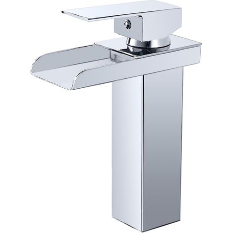 Moderne Robinet Salle de Bain Cascade, Chromé Mitigeur Lavabo Cascade, Robinet Lavabo avec Bec Hauteur 140mm, Mitigeur Salle de Bain en Laiton, Eau Froide & Chaude Disponible, G 3/8 (1/5)
