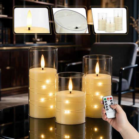 Jiubiaz LED Kerzen mit Lichterkette 3er Set, Ø7,5 cm, Transparent, Fernbedienung, Warmweiß, Flackernde Tischdeko (1/5)