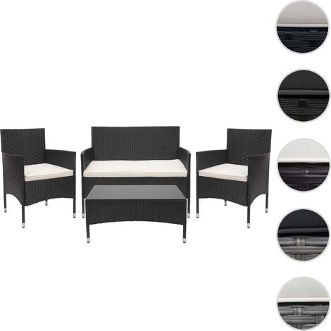 Garniture en polyrotin HWC-F55, ensemble fauteuils, banc et table, balcon/jardin noir, coussins gr (1/5)