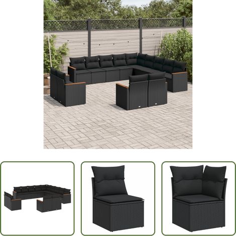 vidaXL Canapé en résine - Salon de jardin avec coussins 13 pcs noir résine tressée (1/5)