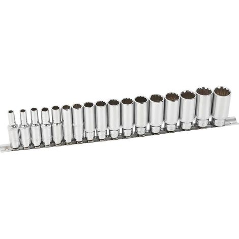 Juego de llaves de vasos 3/8" largos 12 caras, de 6 a 22 mm en rail, 17 piezas (1/2)