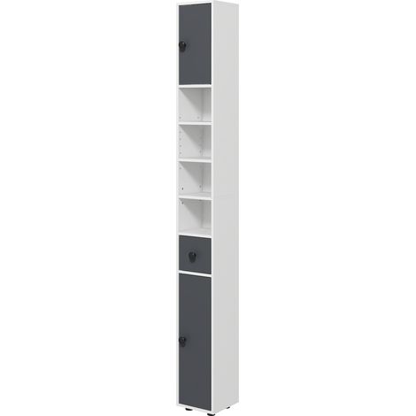Hoher Badezimmer-Aufbewahrungsschrank mit 1 Schublade, 4 verstellbaren Einlegeböden und 2 Schränken, 20 x 20 x 180 cm, grau