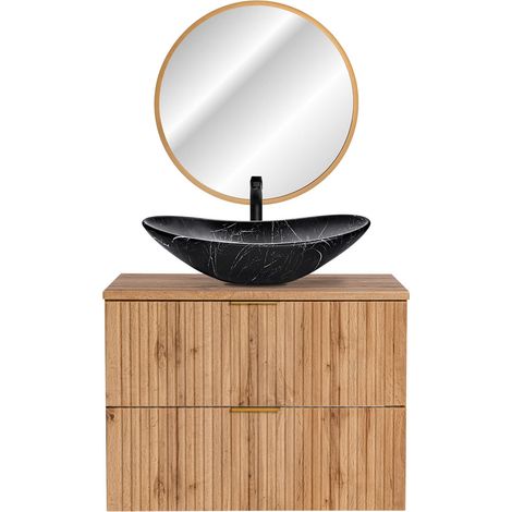 Waschtisch mit Unterschrank Wotaneiche, LED-Spiegel gold, Keramik Waschbecken schwarz, B/H/T 80,6/200/46,5 cm (1/5)
