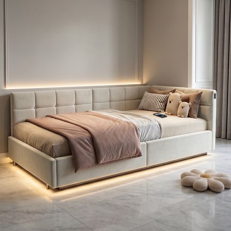 Sofá cama de 90x200 cm – Lámpara LED colgante – Puerto USB – Almacenamiento – Terciopelo color crema – Ahorra espacio (1/5)
