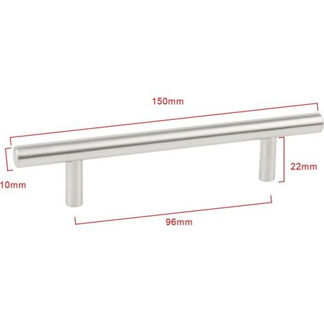Set di 20 maniglie a T in acciaio inox, larghezza 150 mm, per cassetti e ante di armadi, interasse 96 mm. (1/4)