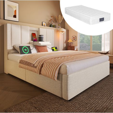 Lit rembourré 90x200 cm beige avec tête de lit, chargeur USB/Type-C, porte-gobelet caché, coffre, sommier et matelas (1/5)