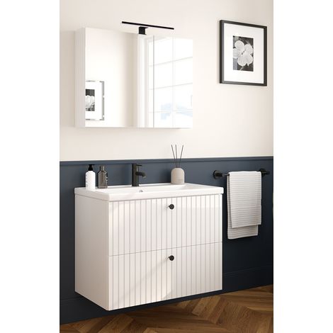 Waschplatz Set, Waschtisch 80cm und Spiegelschrank, weiß Hochglanz gerillt RIVA-107, 2-teilig (1/5)